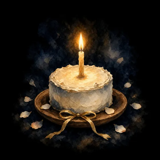 A small cake with one lit candle and a gold ribbon