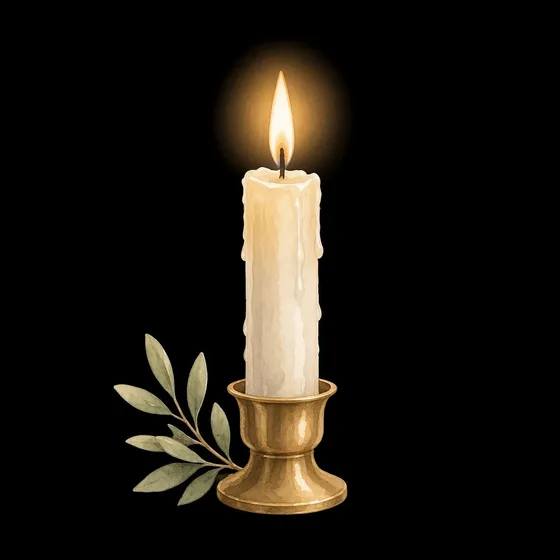 A single lit candle with an olive branch