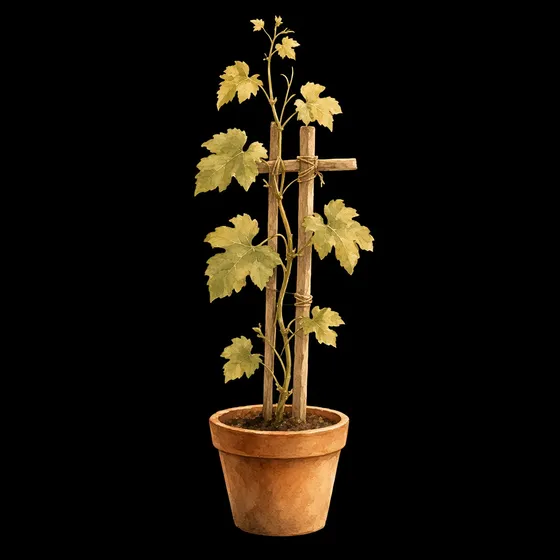 A young vine tied to a wooden trellis in a clay pot