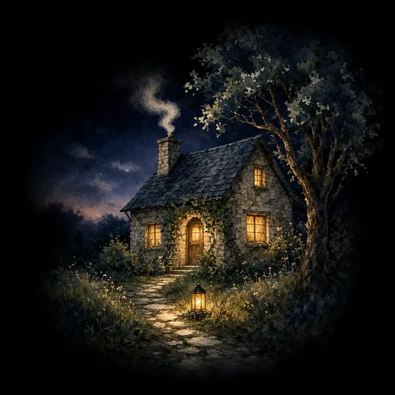 A farmhouse with warm lit windows at dusk
