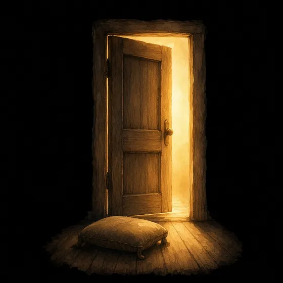 A wooden door ajar with warm light spilling onto a kneeling cushion