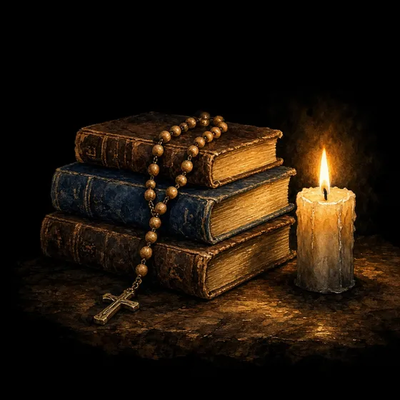 A stack of worn prayer books with a rosary and a lit candle