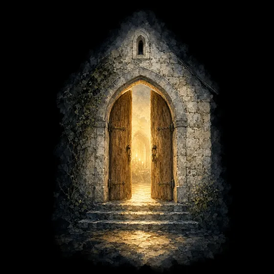 Church doors open with light spilling out at sunrise