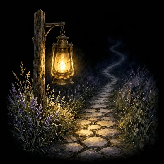 A lantern lighting a garden path